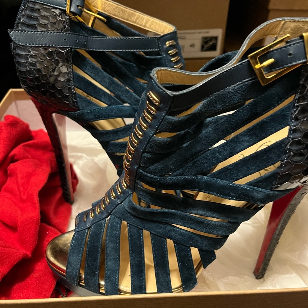 Christian Louboutin Blue and Gold Strappy Heels
